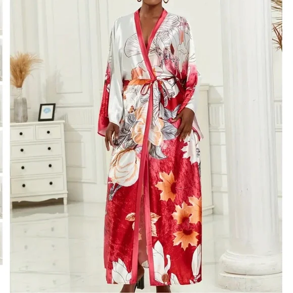 Red And White Floral Kimono Resort Vacation Wear Beach Cover Up Belted One Size - Picture 2 of 5